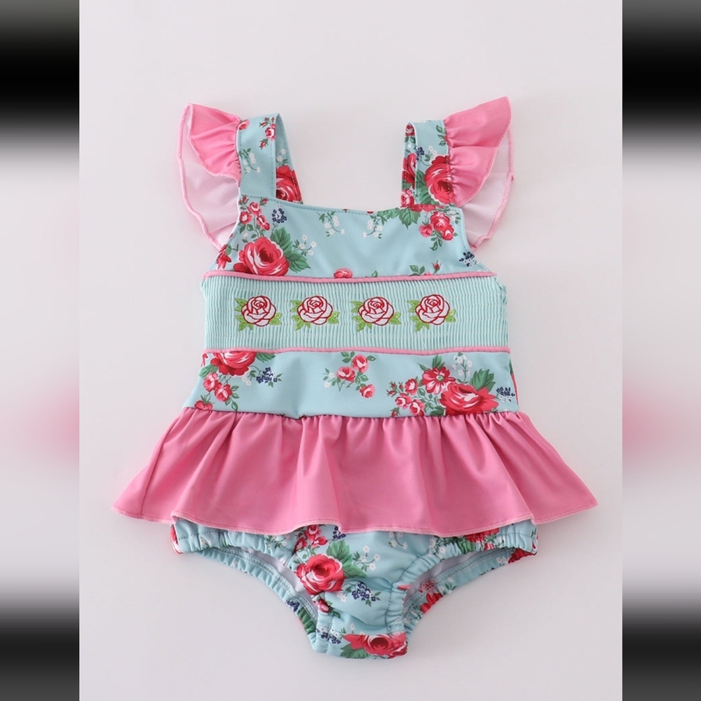 Floral Pink and Blue Kids Swimwear Size 5t